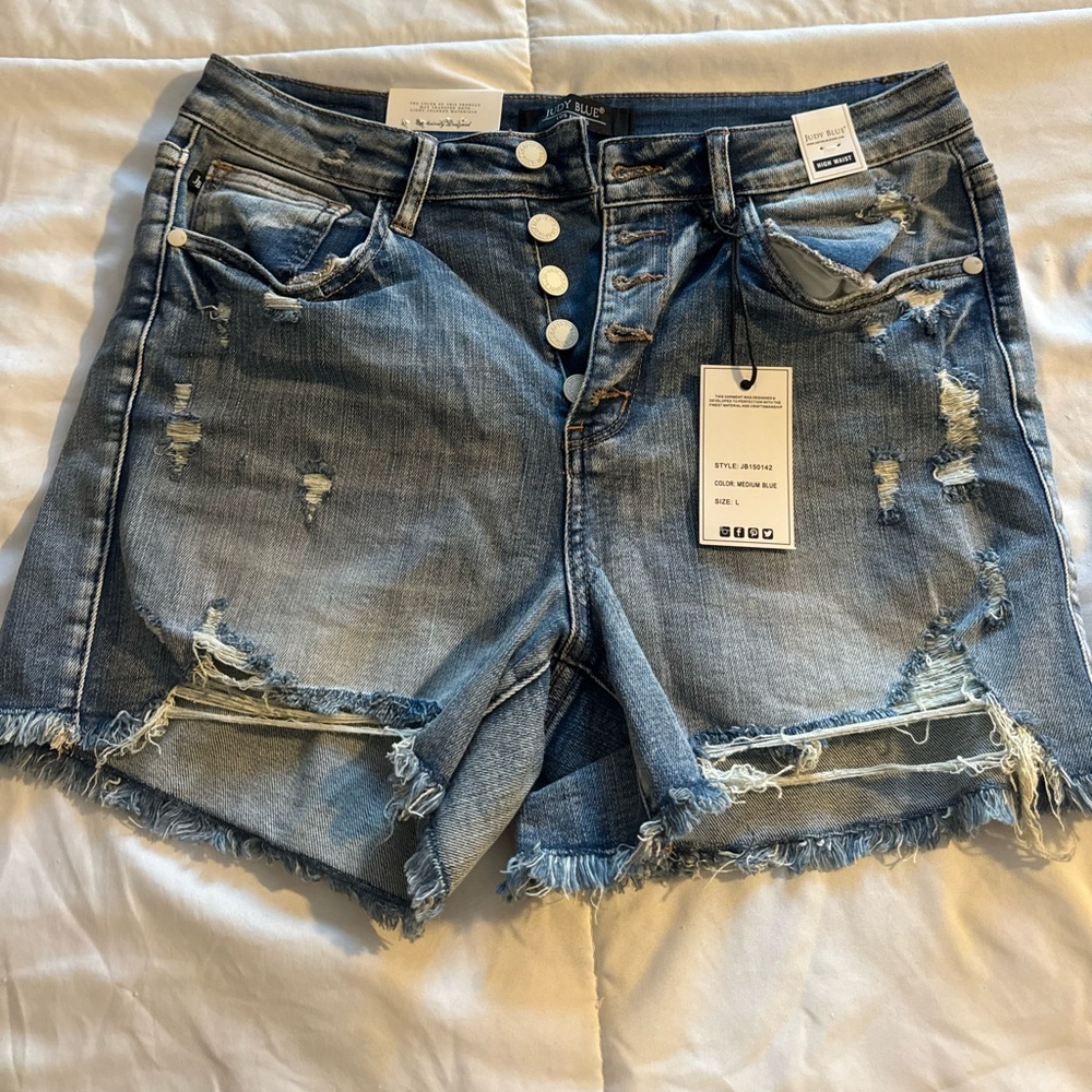 Judy Blue Frayed Hem High Waist Button Fly Jean Shorts
